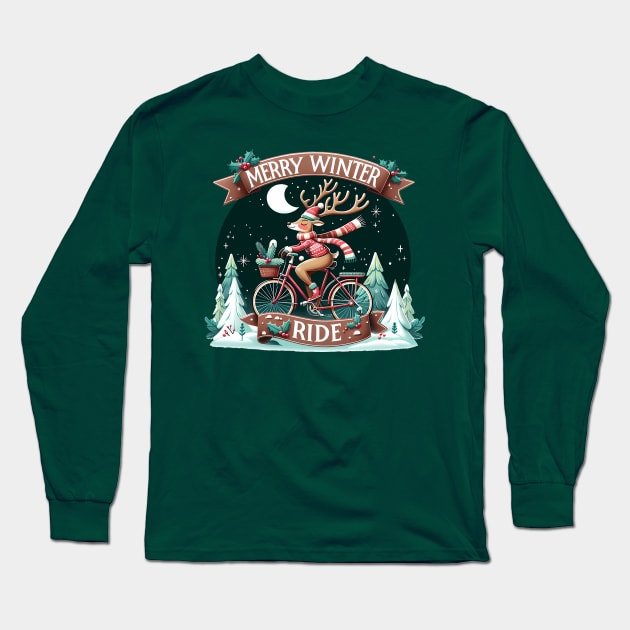 Merry Winter Ride - Christmas reindeer on a bicycle Long Sleeve T-Shirt by PrintSoulDesigns